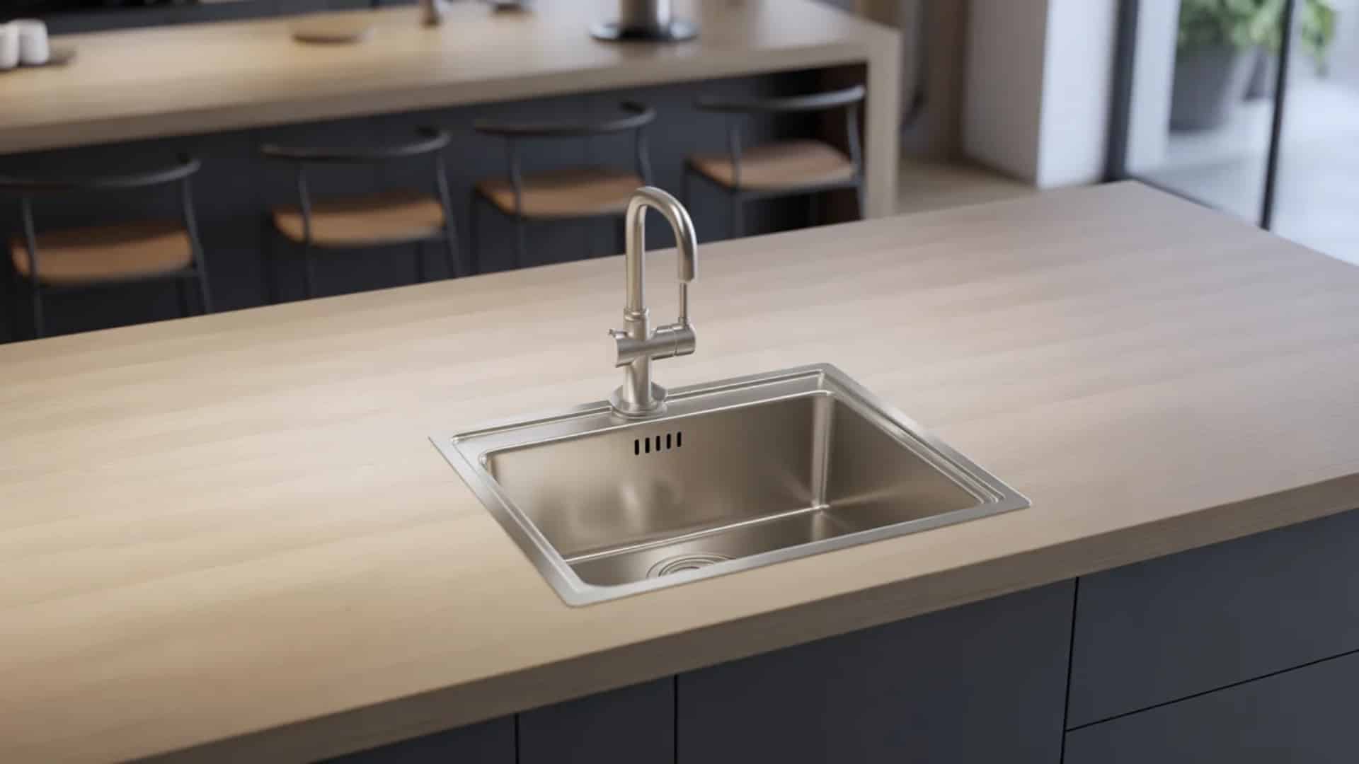 small stainless steel prep sink in light wood kitchen island with single faucet, bar stools, and pendant lighting above (1)
