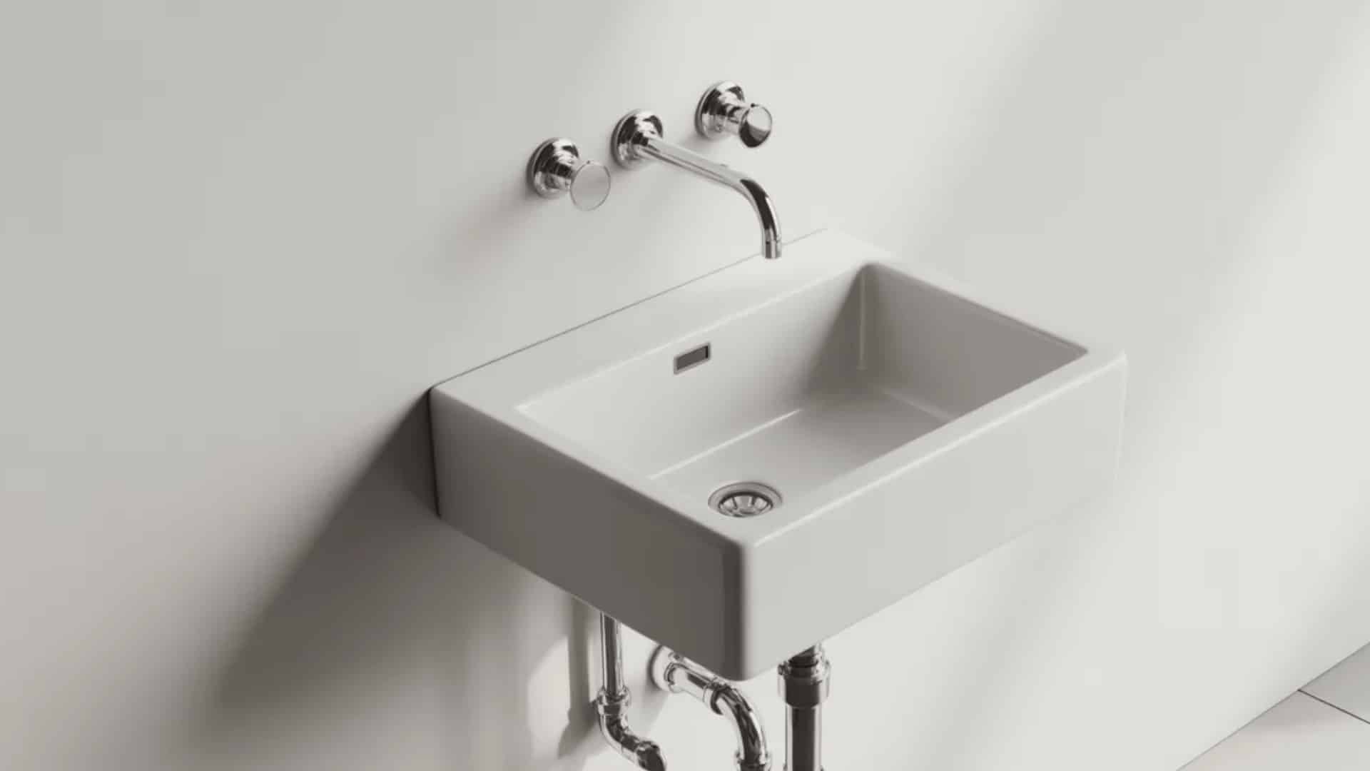 small white ceramic wall mount sink attached to kitchen wall with exposed pipes below, chrome faucet, and open floor space