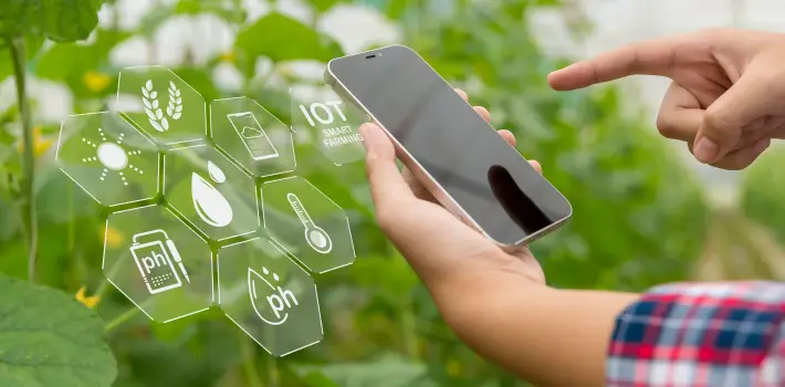 Person using smartphone with digital farming icons overlay in a greenhouse environment