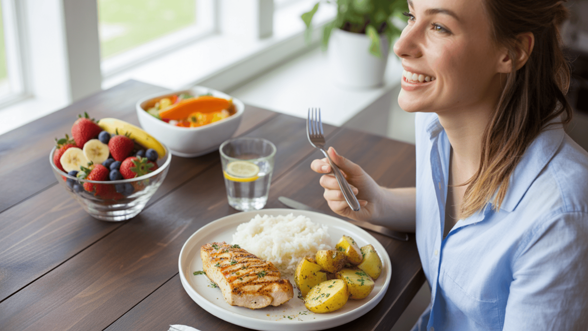 Smiling woman enjoying a healthy meal of grilled fish, rice, potatoes, fruit, and water at a bright dining table
