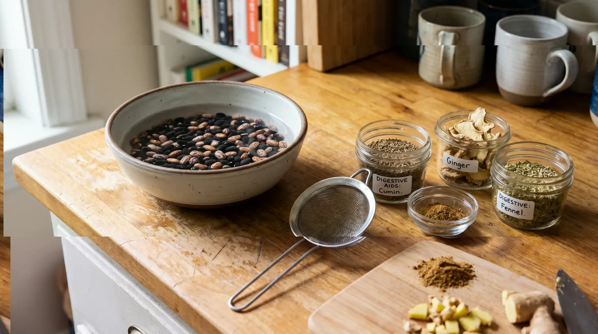 soaking black and pinto beans with spices like cumin, ginger, and fennel for improved digestion, in a clean kitchen setup (1)