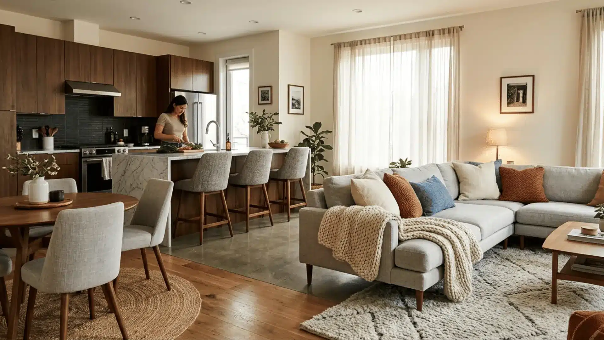 some soft texture elements you can incorporate to balance the hard surfaces in your open-concept living