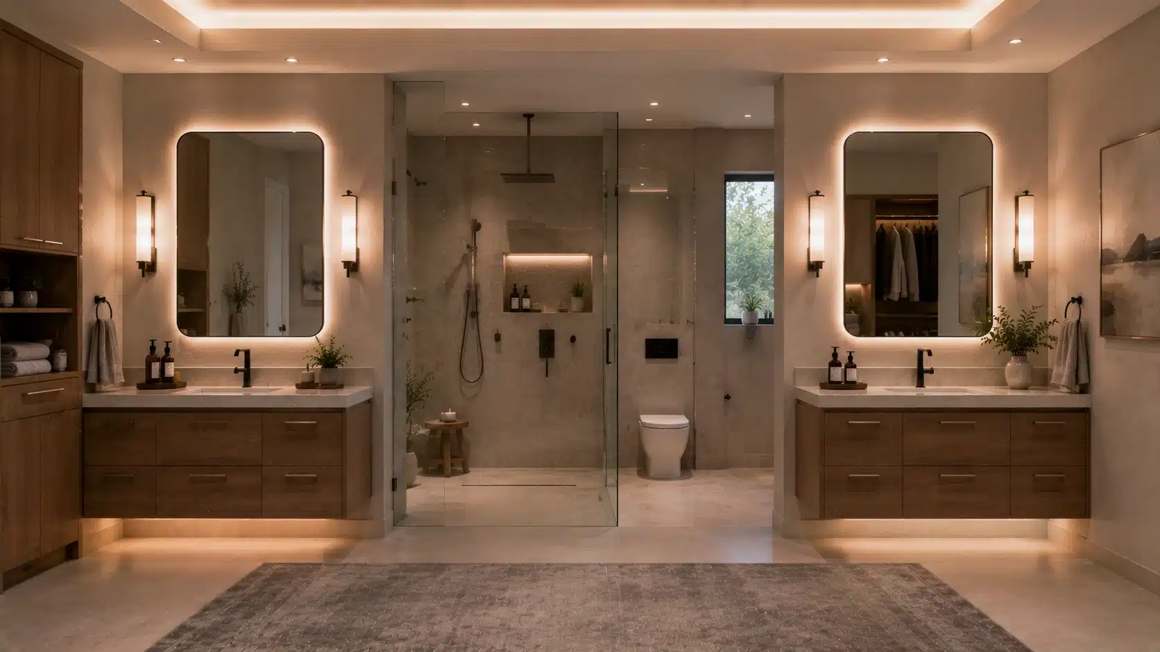 spacious bathroom with dual vanities, illuminated mirrors, glass shower, warm wood cabinets, and ceiling lighting