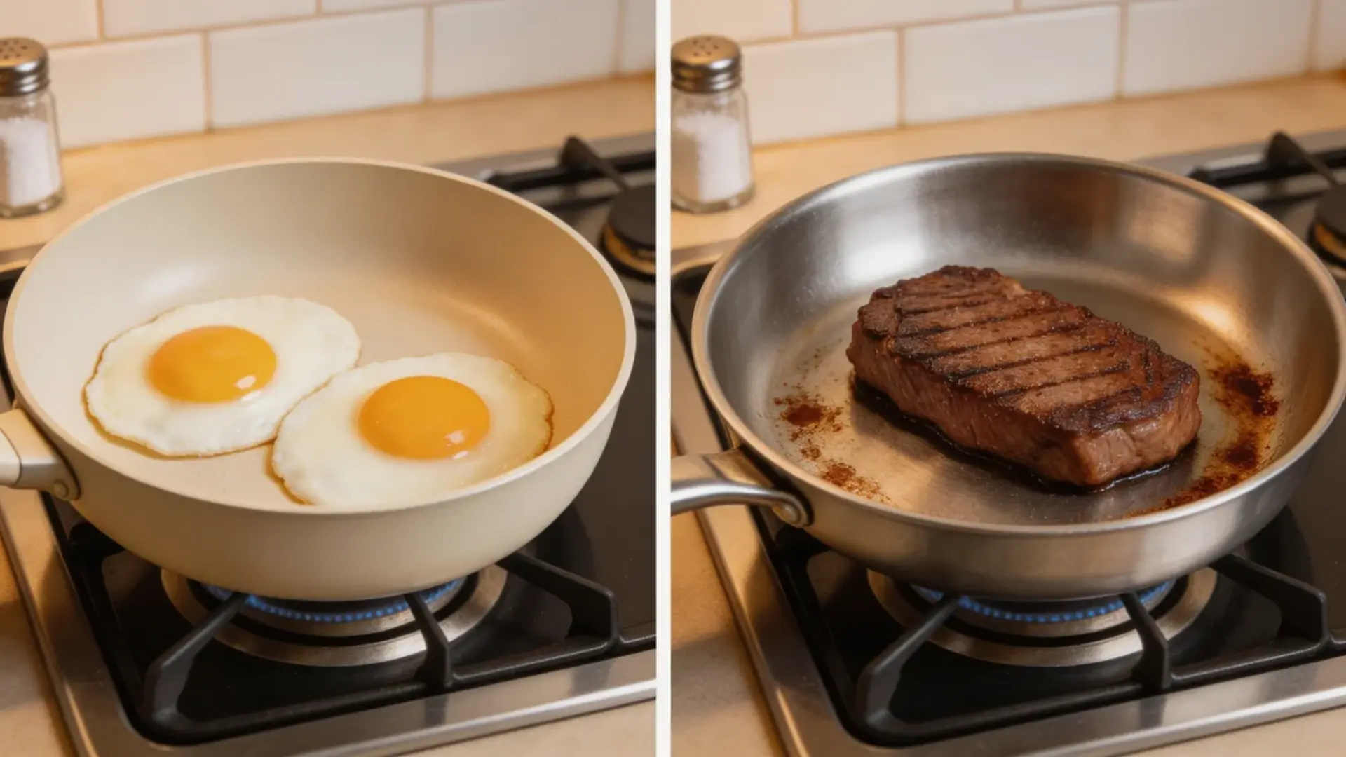 split scene showing ceramic pan with eggs on one side and stainless steel pan searing steak on the other, clear contrast between non-stick and browning