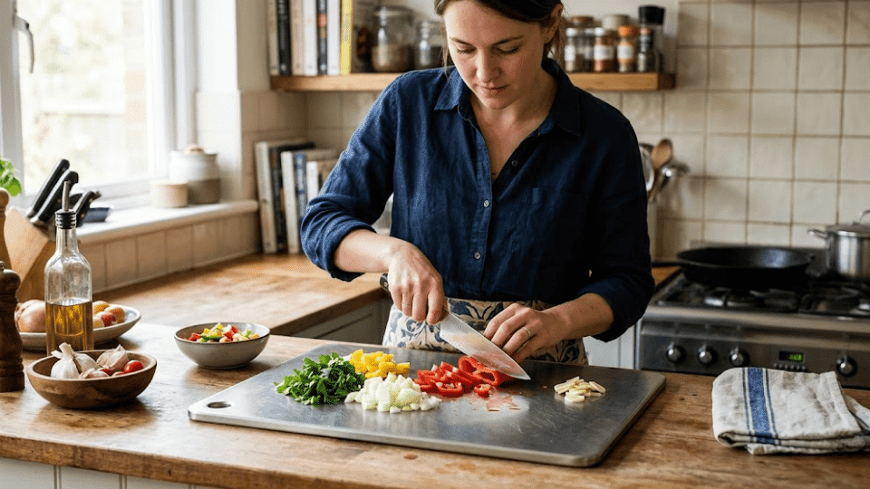 stainless steel cutting board being used to chop vegetables in a bright home kitchen with wooden countertop
