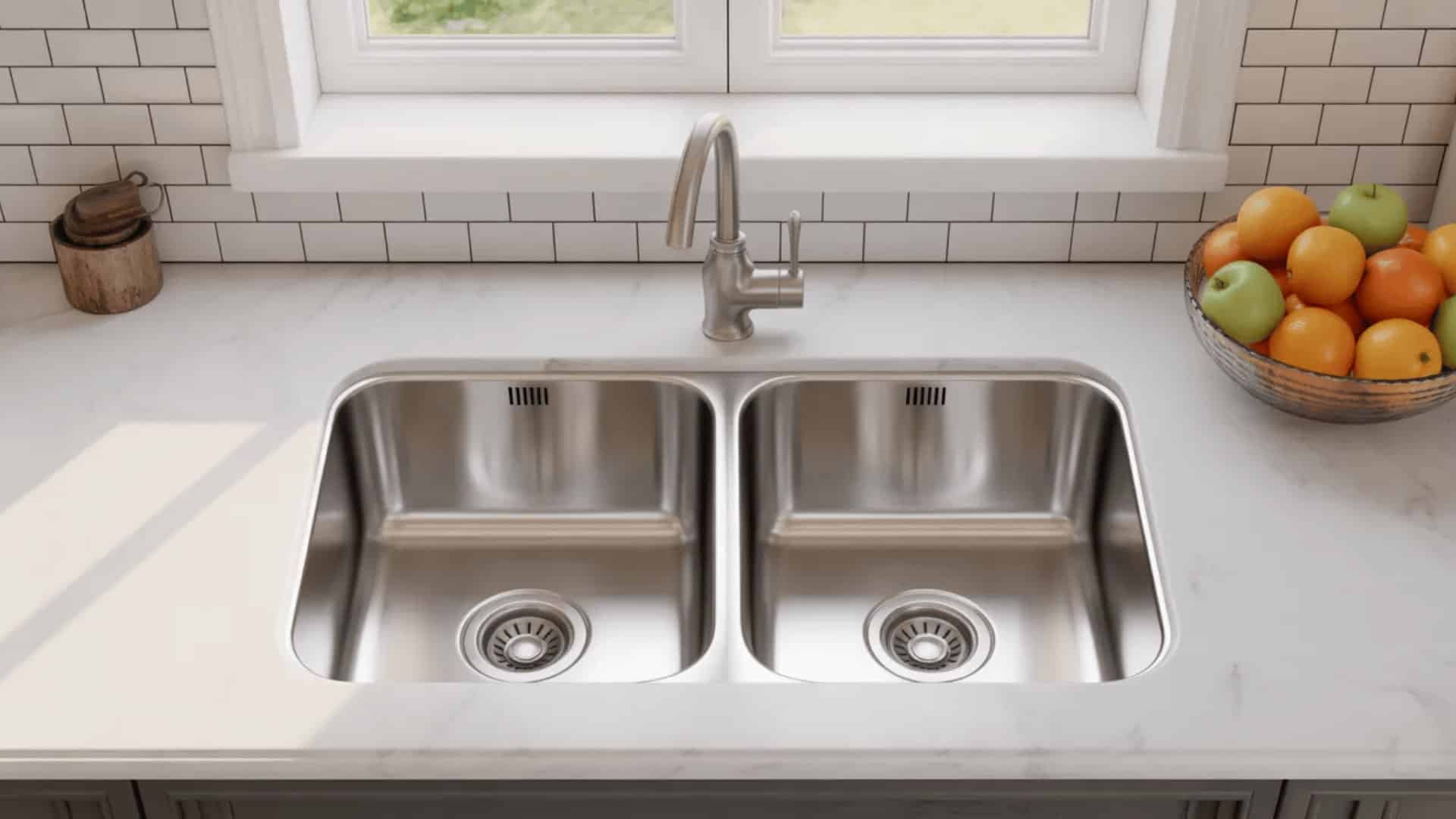 stainless steel double bowl undermount sink with two deep basins, brushed nickel faucet, white marble countertop, subway tile backsplash