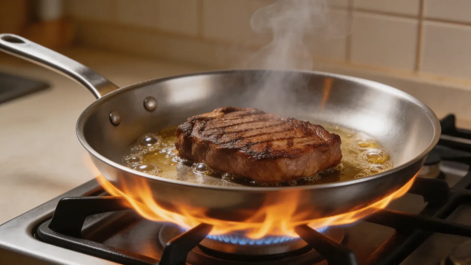 stainless steel frying pan on gas stove with high flame, steak searing with visible smoke and sizzling oil