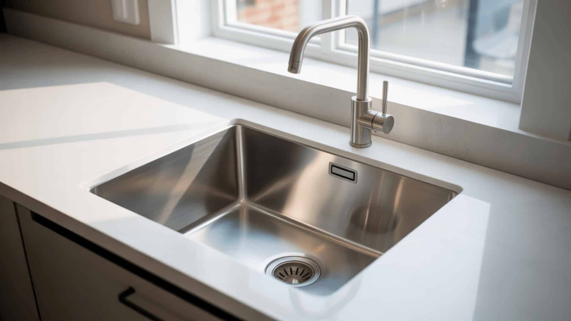 stainless steel undermount sink below white quartz countertop with brushed nickel faucet and natural window light