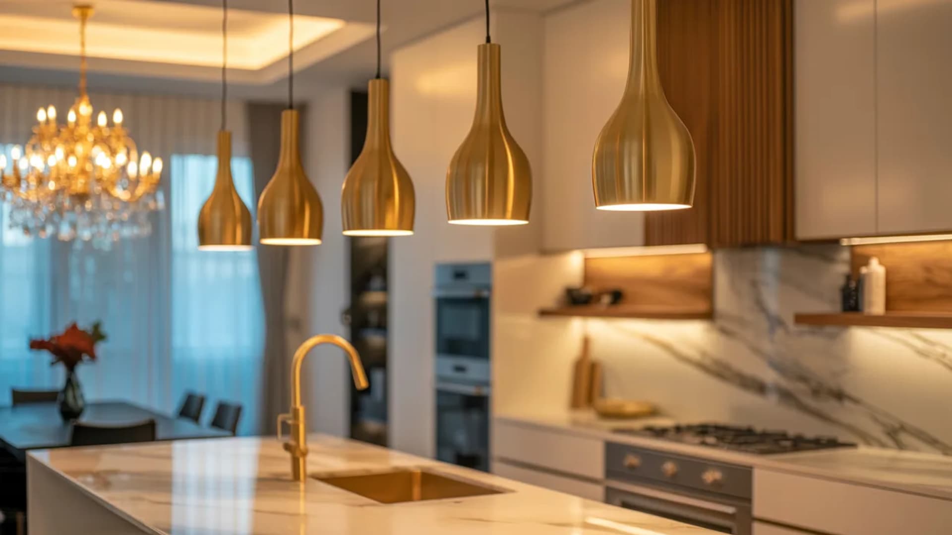 statement gold light fixtures can completely change the atmosphere of your kitchen