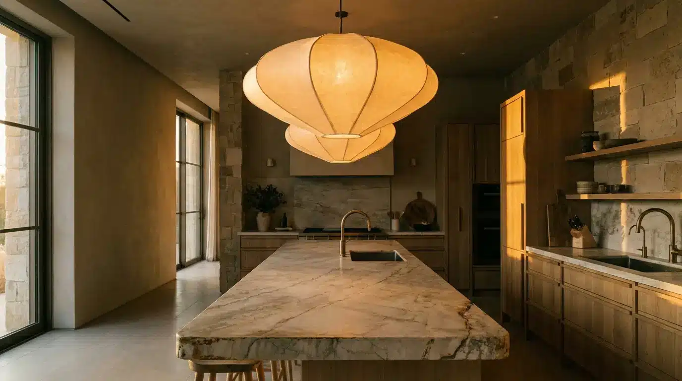 Large marble kitchen island with warm pendant lights in modern rustic kitchen setting
