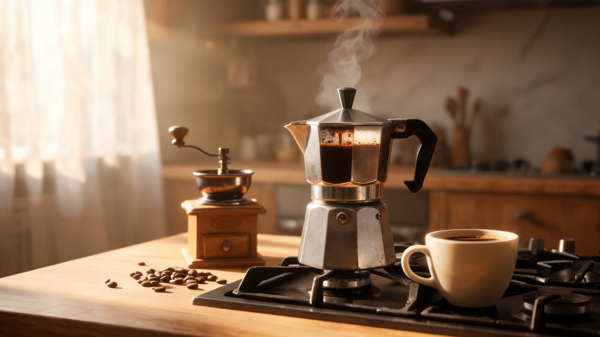 steam rising from moka pot on stovetop with fresh coffee brewing in warm cozy kitchen scene