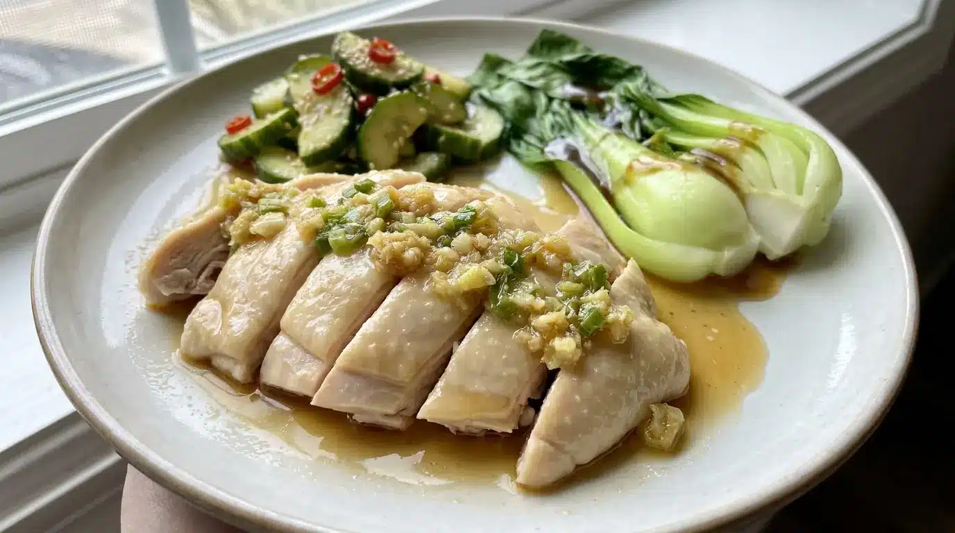 steamed chicken with ginger sauce cucumber salad scallions and greens on a clean plate