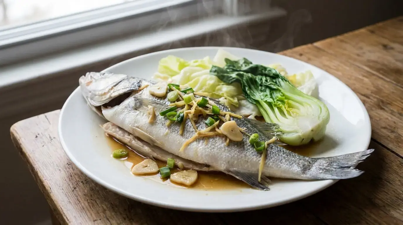 steamed garlic fish with scallions ginger bok choy and light soy sauce on a white plate (1)