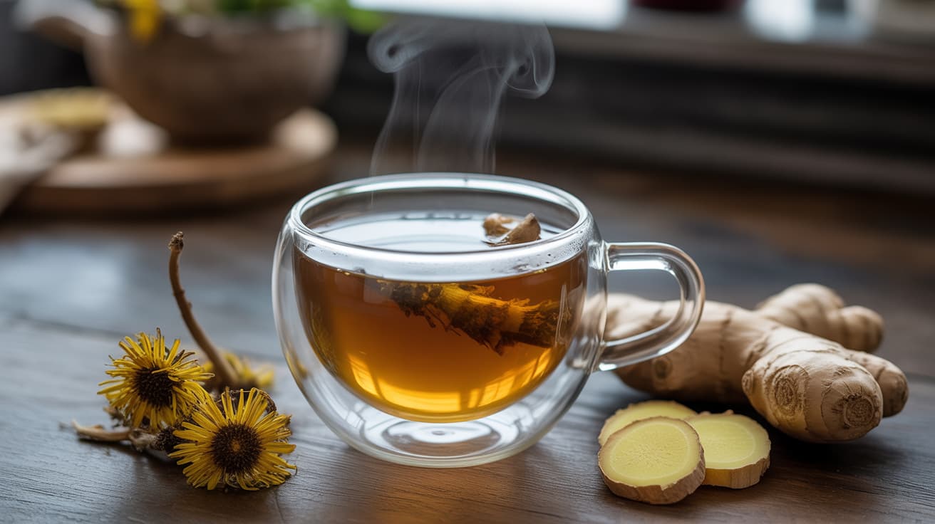 steaming cup of dandelion root and ginger cleanse tea with dried dandelion root and fresh ginger