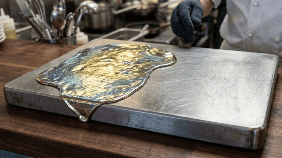 steel cutting board with molten titanium layer being applied on surface in kitchen setting