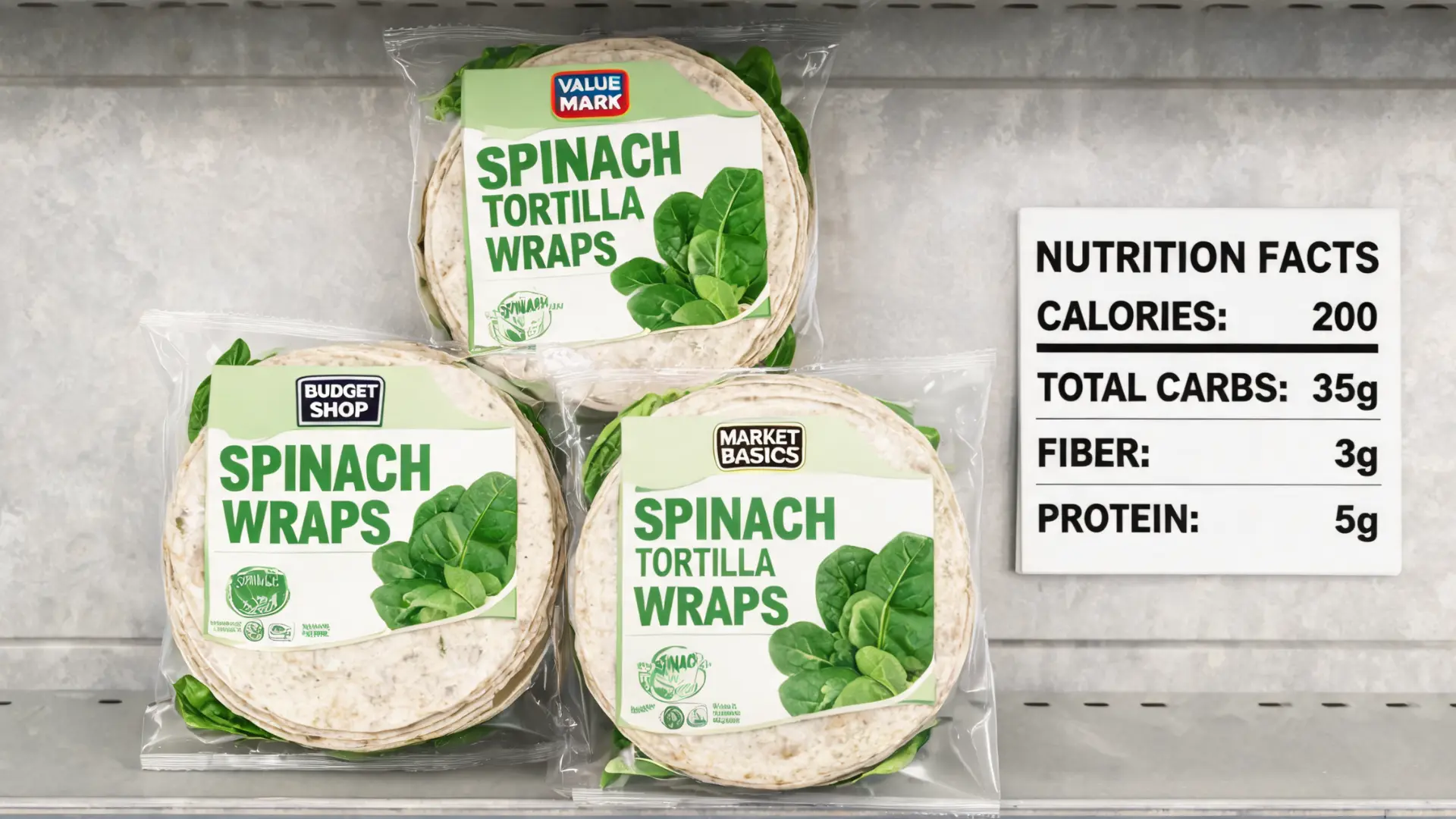 store brand spinach wraps stacked in grocery style with nutrition comparison card showing calories carbs fiber and protein