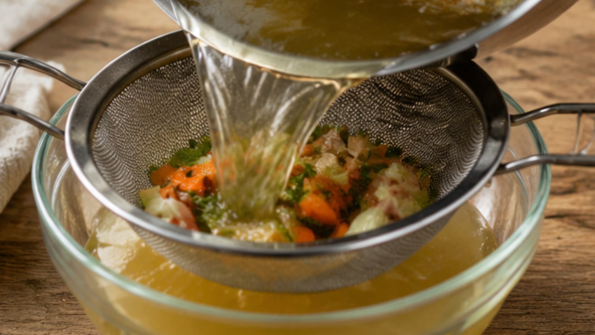 strain cooked mixture through fine sieve removing all solids leaving clear broth base