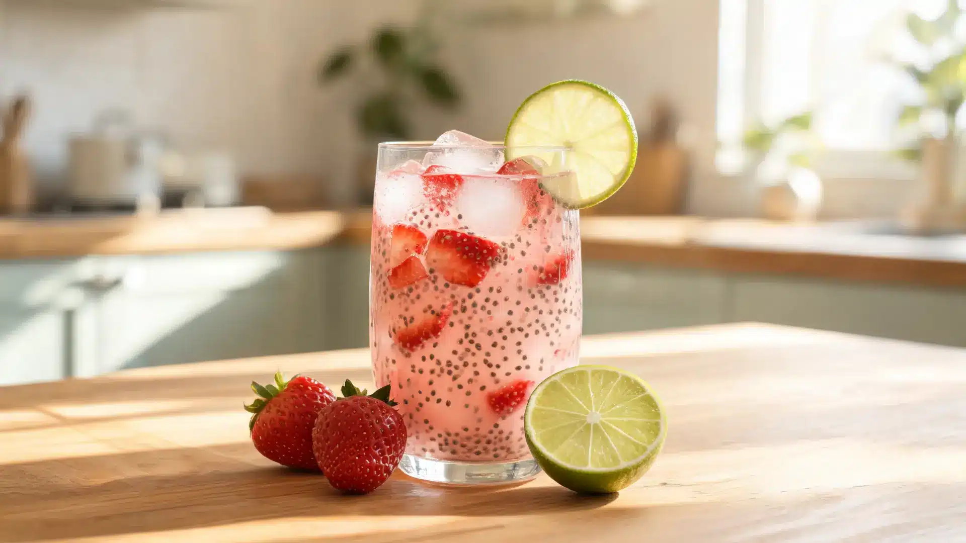 strawberry lime chia drink with chia seeds, strawberries, lime wedges, and ice in a clear glass