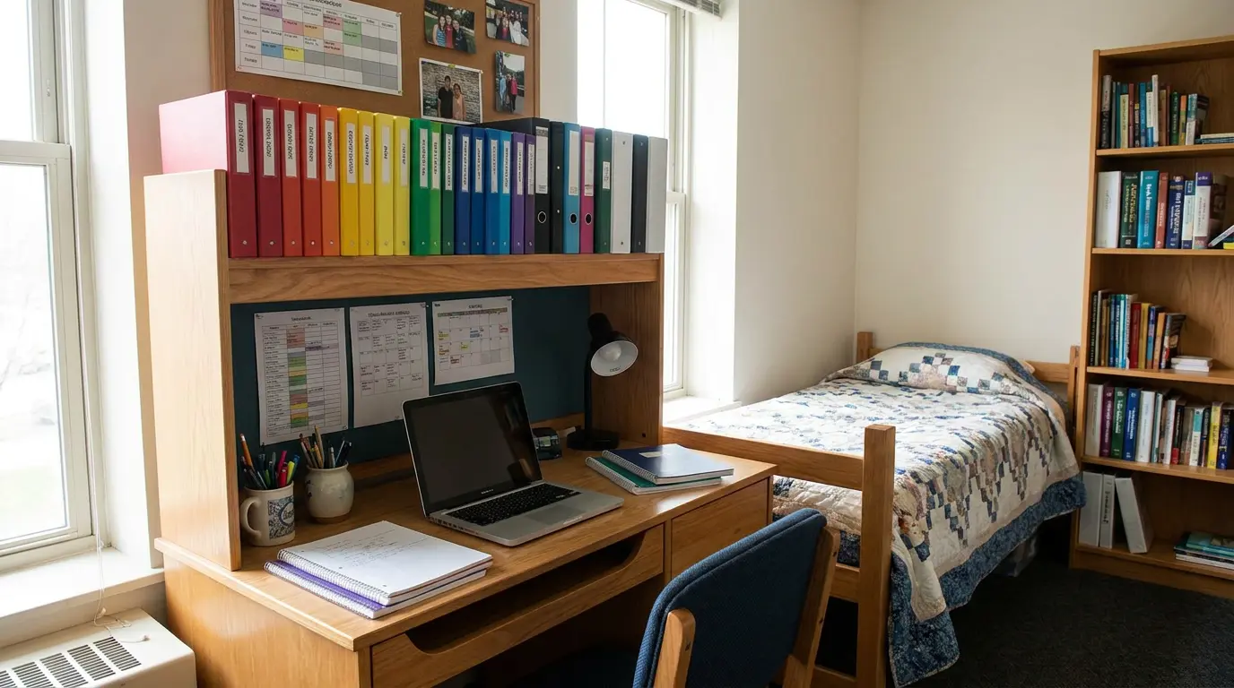 student bedroom organized for study with desk storage and academic supplies