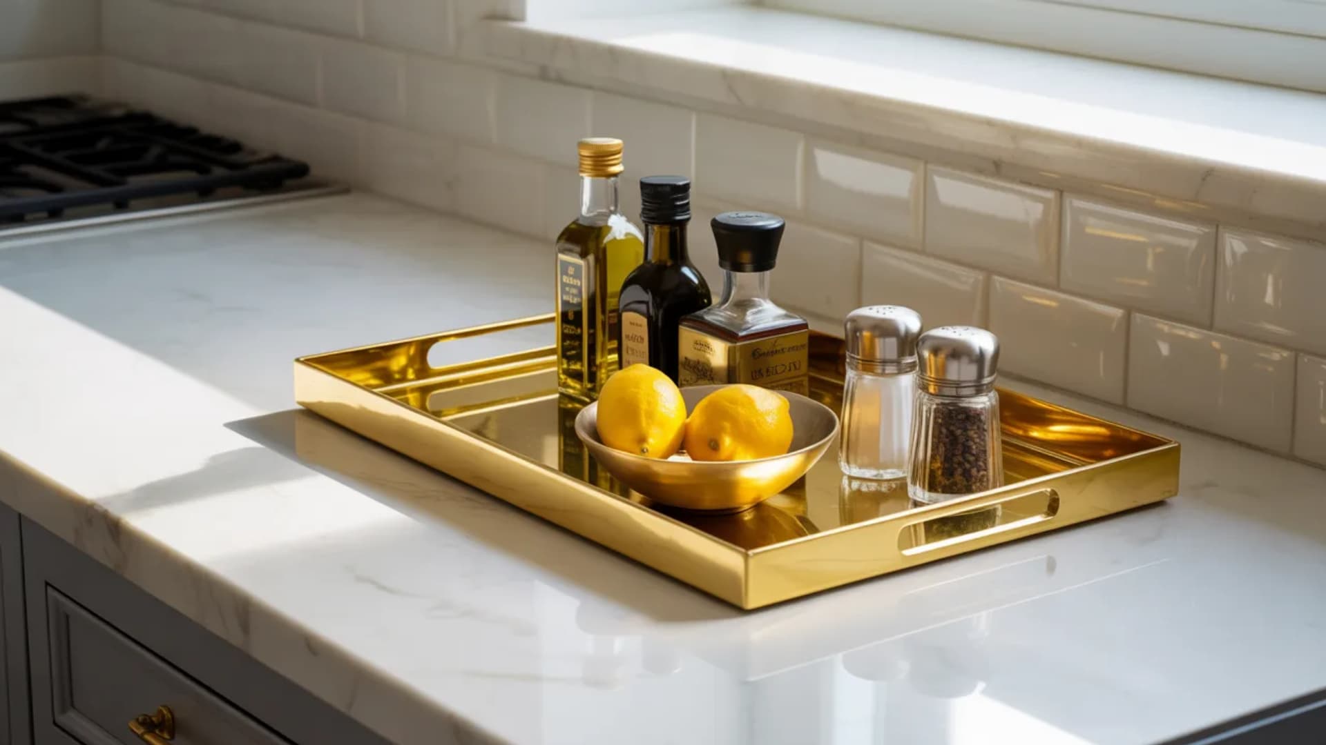stylish gold tray with olive oil, vinegar, salt, pepper shakers, and fresh lemons on a marble countertop