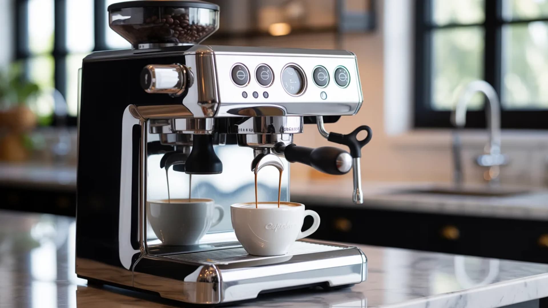 super-automatic espresso machine like the Breville Oracle or Jura Z8 in a modern kitchen, showing the machine grinding, brewing