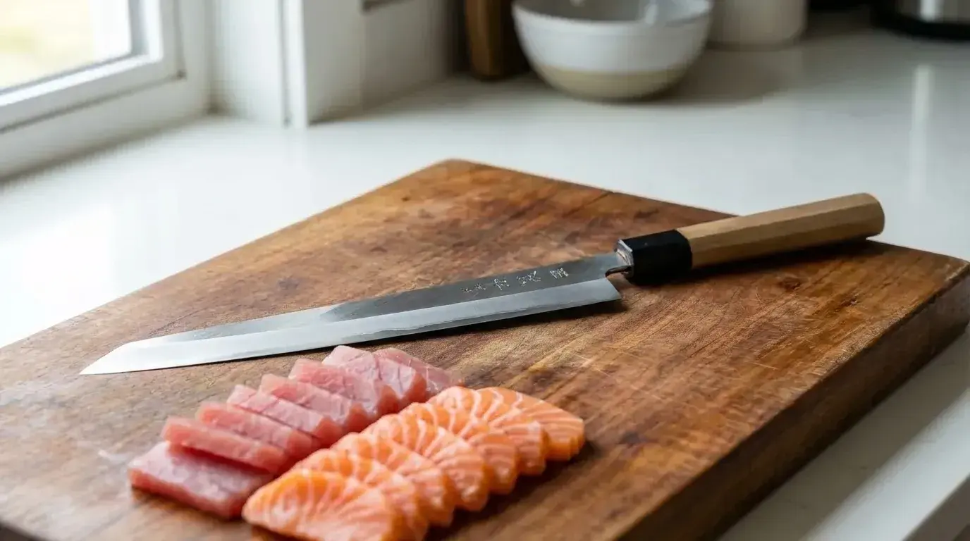 takobiki knife on wooden board with thin fish slices, showing long straight blade used for precise slicing tasks (1)
