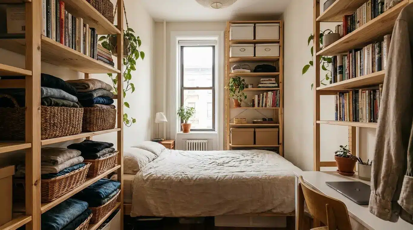 tall storage shelves using vertical space efficiently in a compact bedroom