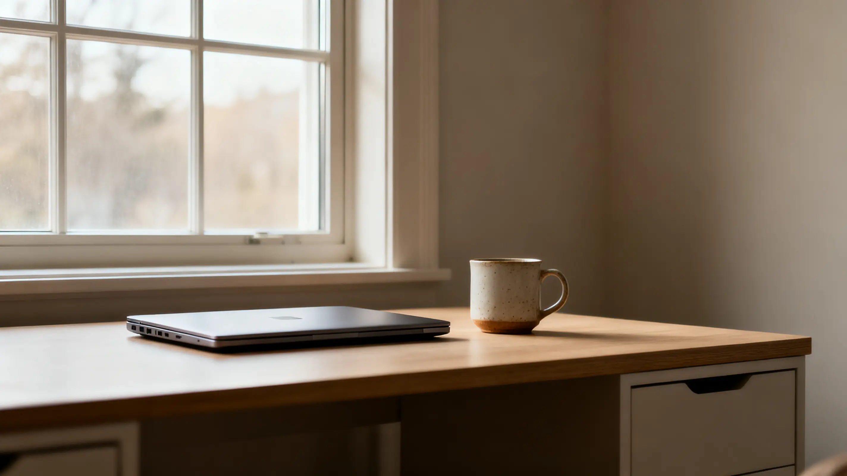 Closed laptop and ceramic mug on wooden desk by large window in a bright room