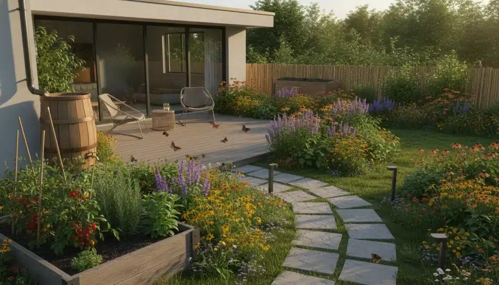 Modern patio surrounded by vibrant flowers and plants with butterflies flying over wooden deck