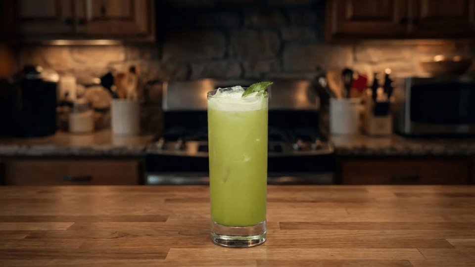 the first lady gin and matcha sour in a highball glass with crushed ice and a fresh basil leaf garnish
