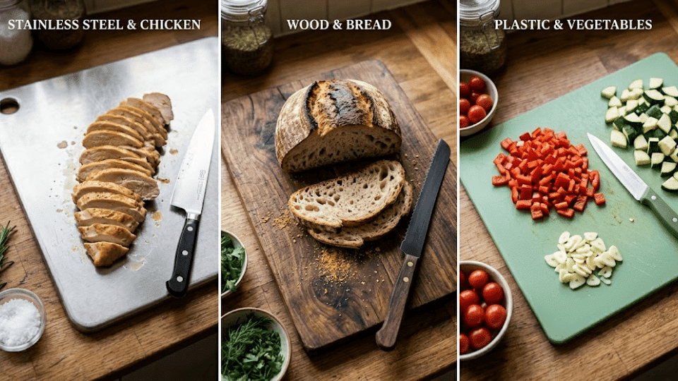 three cutting boards side by side showing stainless steel with chicken, wood with bread, and plastic with vegetables