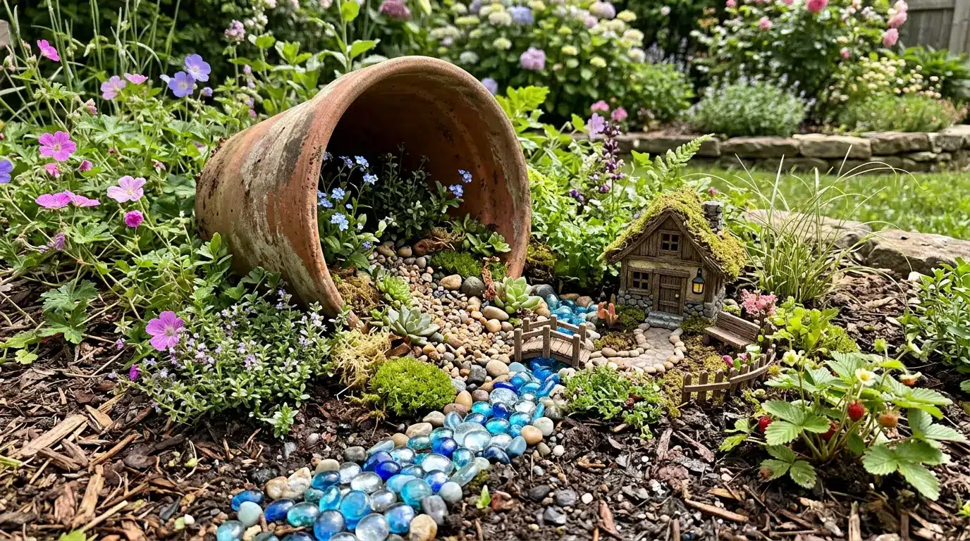 tipped planter fairy scene