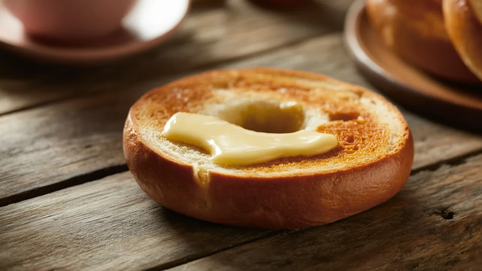 toasted bagel half with melted butter soaking into the surface, slight shine from butter