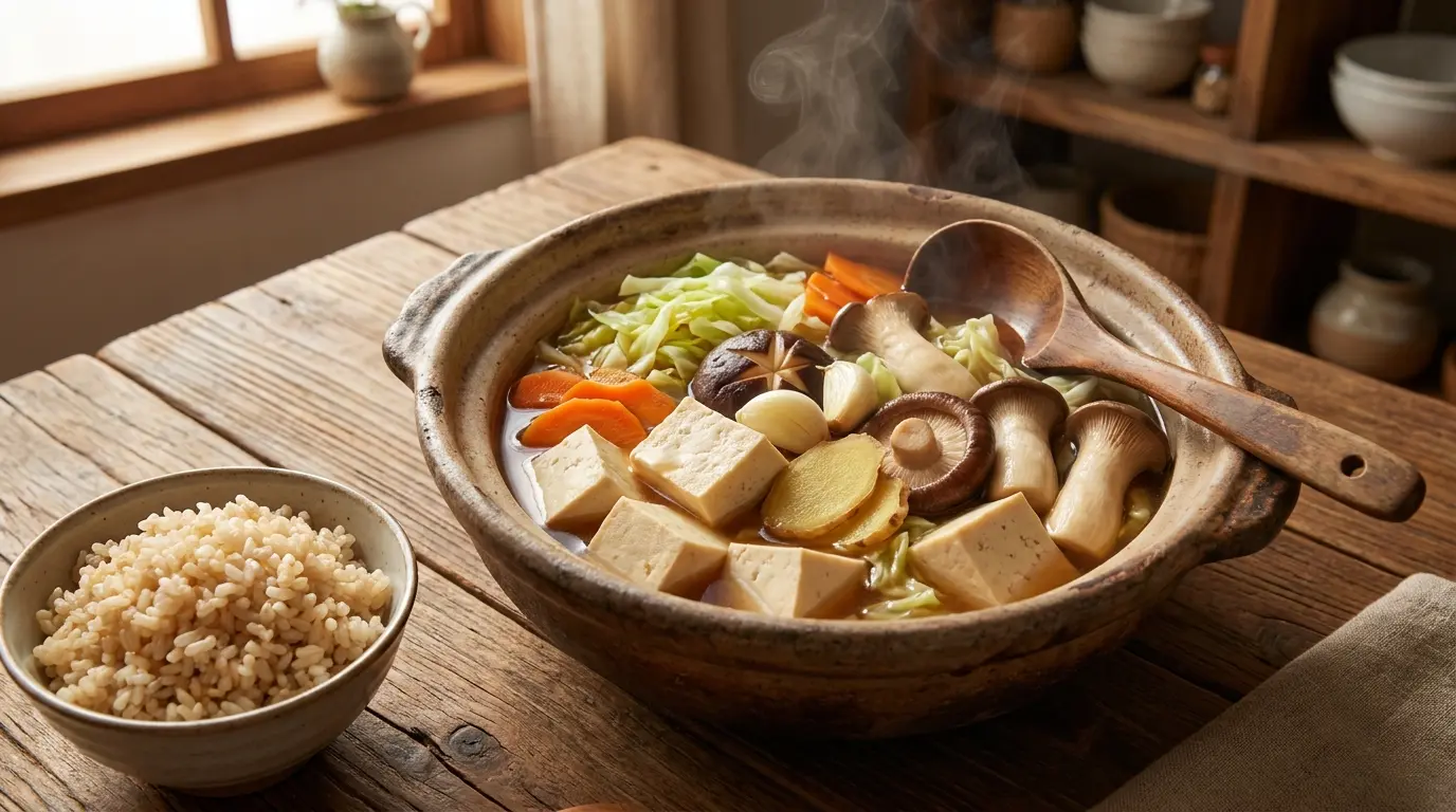 tofu and mushroom bowl with cabbage carrots garlic ginger and light soy broth on a table