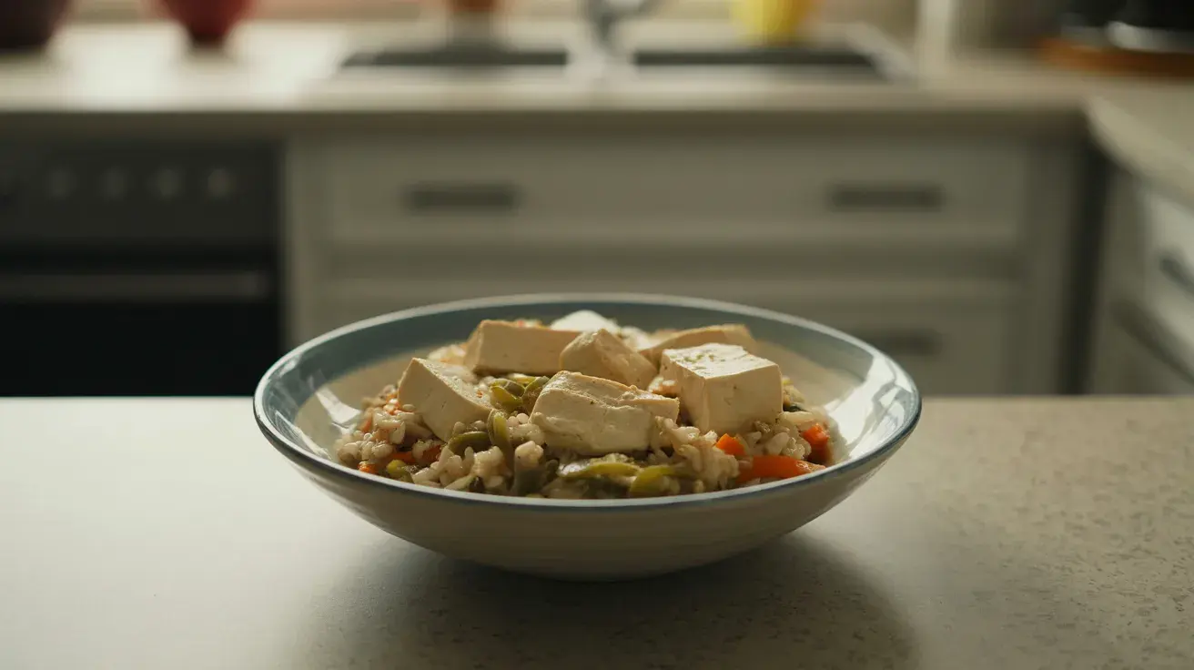 tofu rice bowl centered on surface in natural light showing plant based lunch (1)