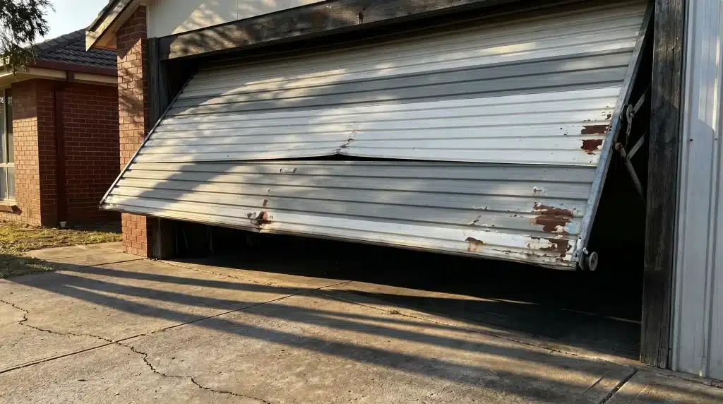 Damaged metal garage door partially open in front of brick house under afternoon sunlight