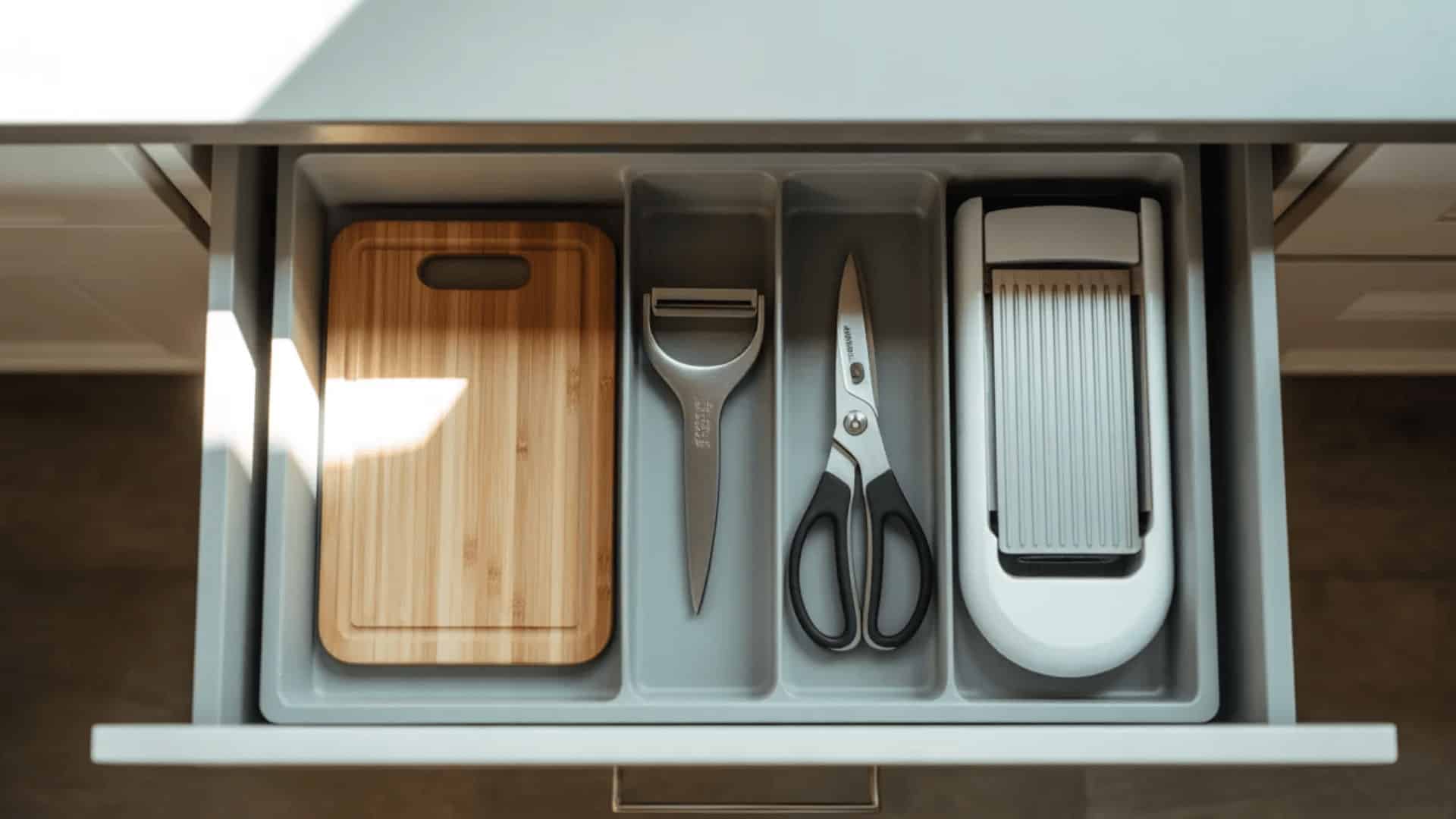 top-down view of open kitchen drawer holding food prep tools including cutting board, peeler, shears, and mandoline slicer