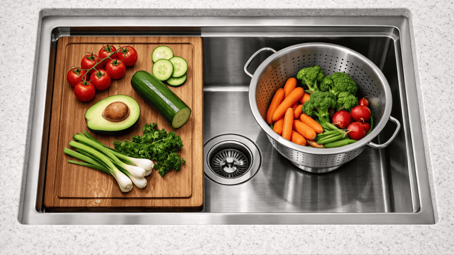 top-down view of stainless steel workstation sink with wooden cutting board, colander, and fresh vegetables on interior ledges (1)