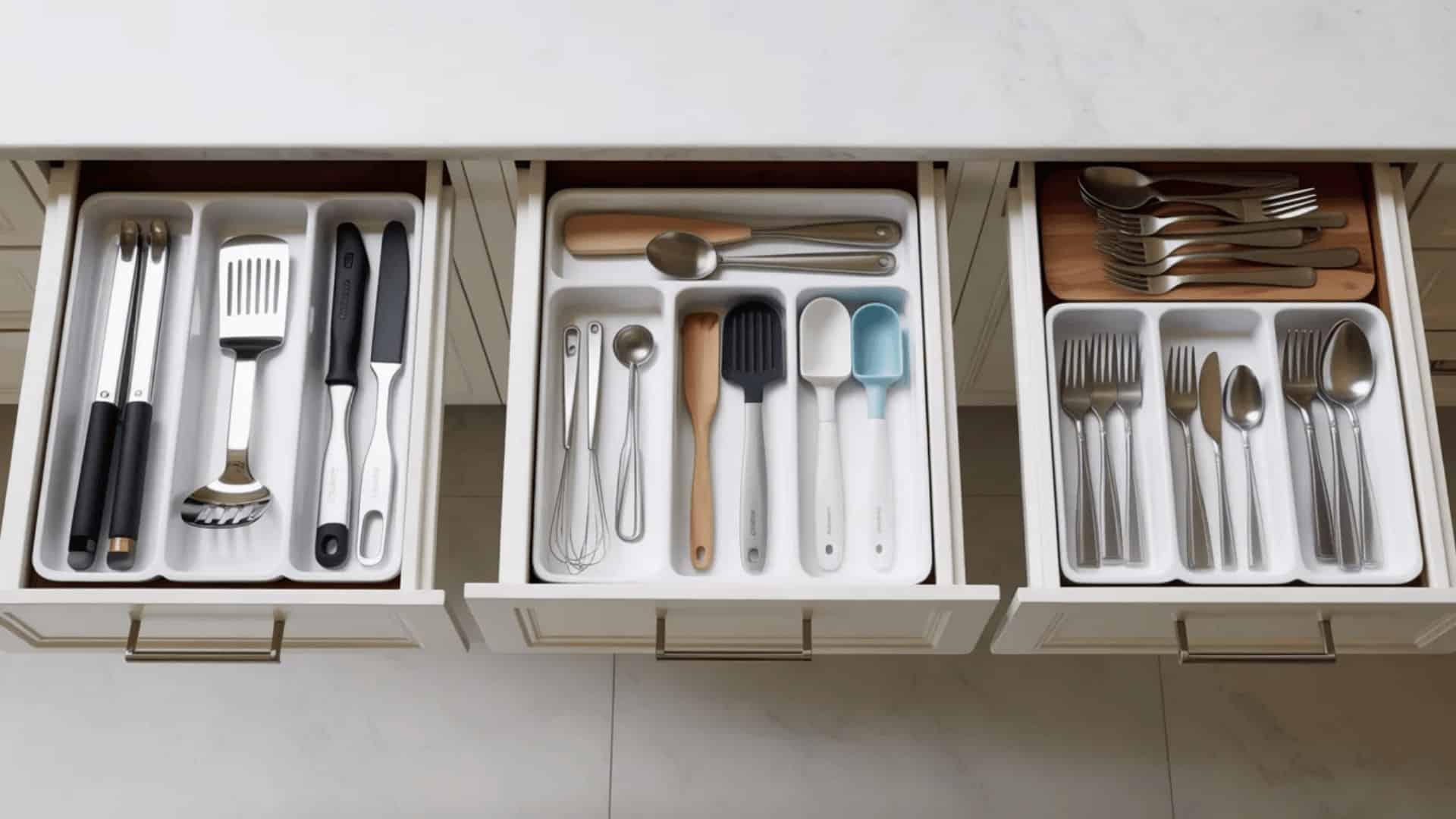 top-down view of three open kitchen drawers each holding sorted cooking tools separated by category and use