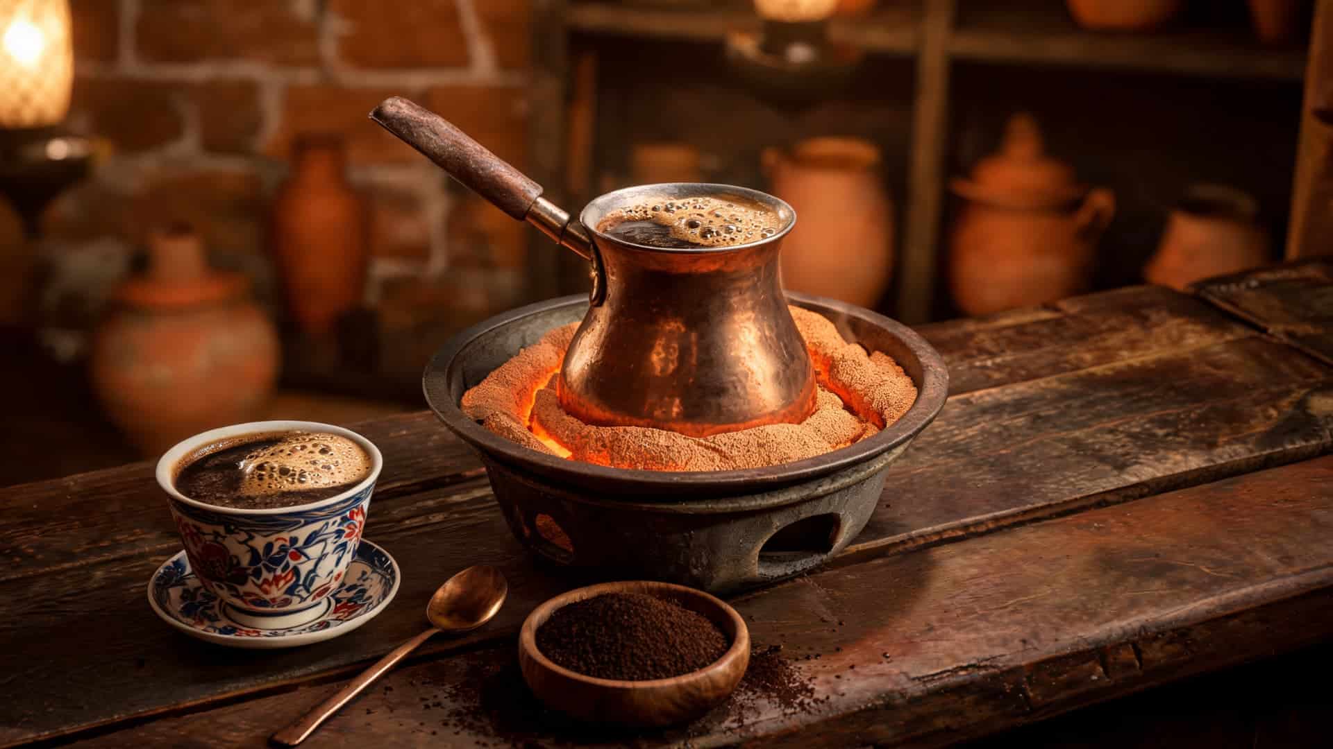 traditional turkish coffee brewing in cezve on hot sand with foam cup and rustic warm kitchen setup