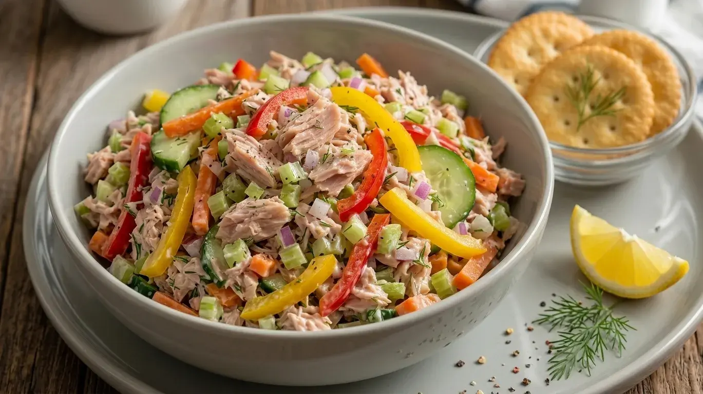 tuna salad with celery, crackers, and sliced vegetables arranged neatly on a clean white plate, creating a fresh and appetizing snack (1)