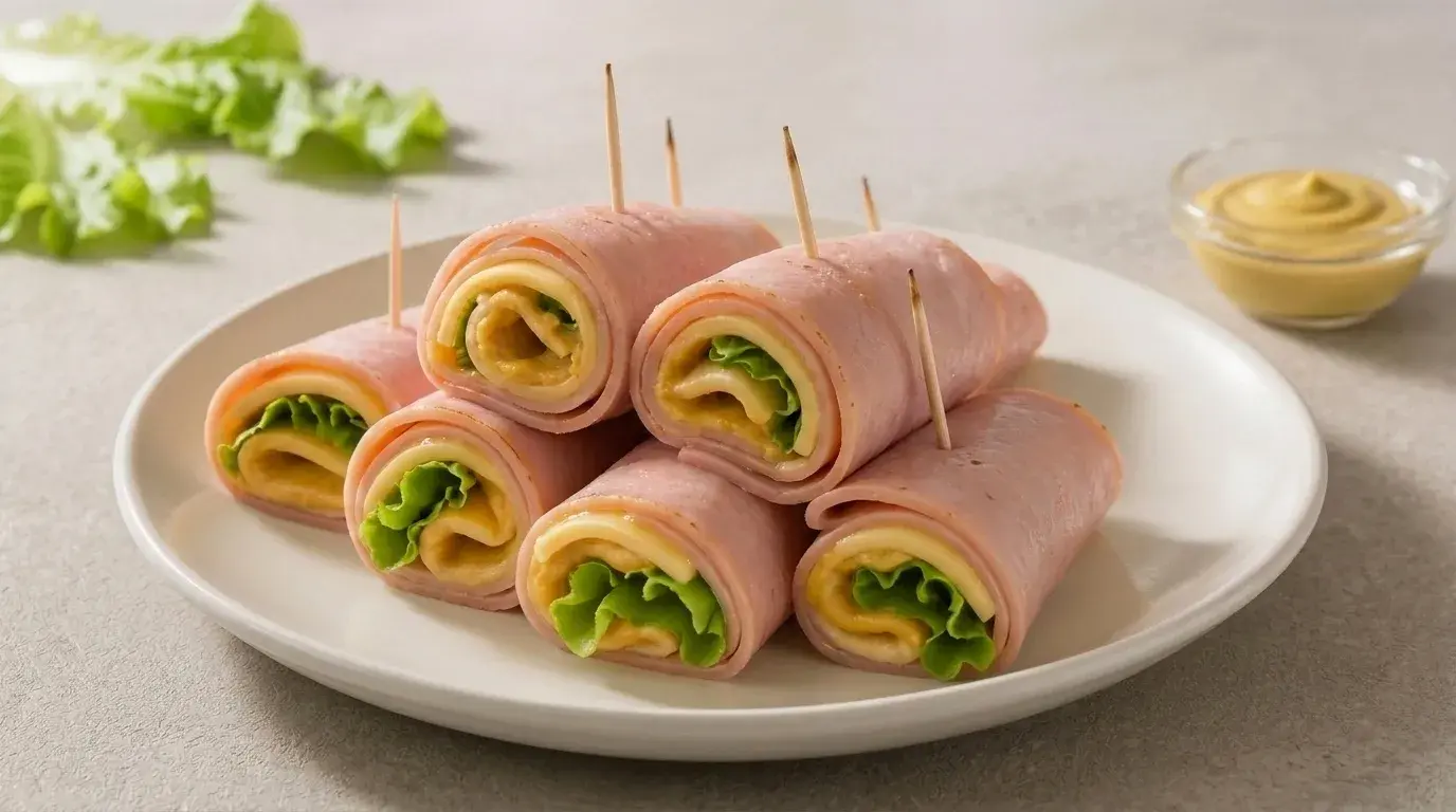 turkey and cheese roll-ups with lettuce and toothpicks on a minimalist white plate, showcasing a clean, appetizing presentation (1)
