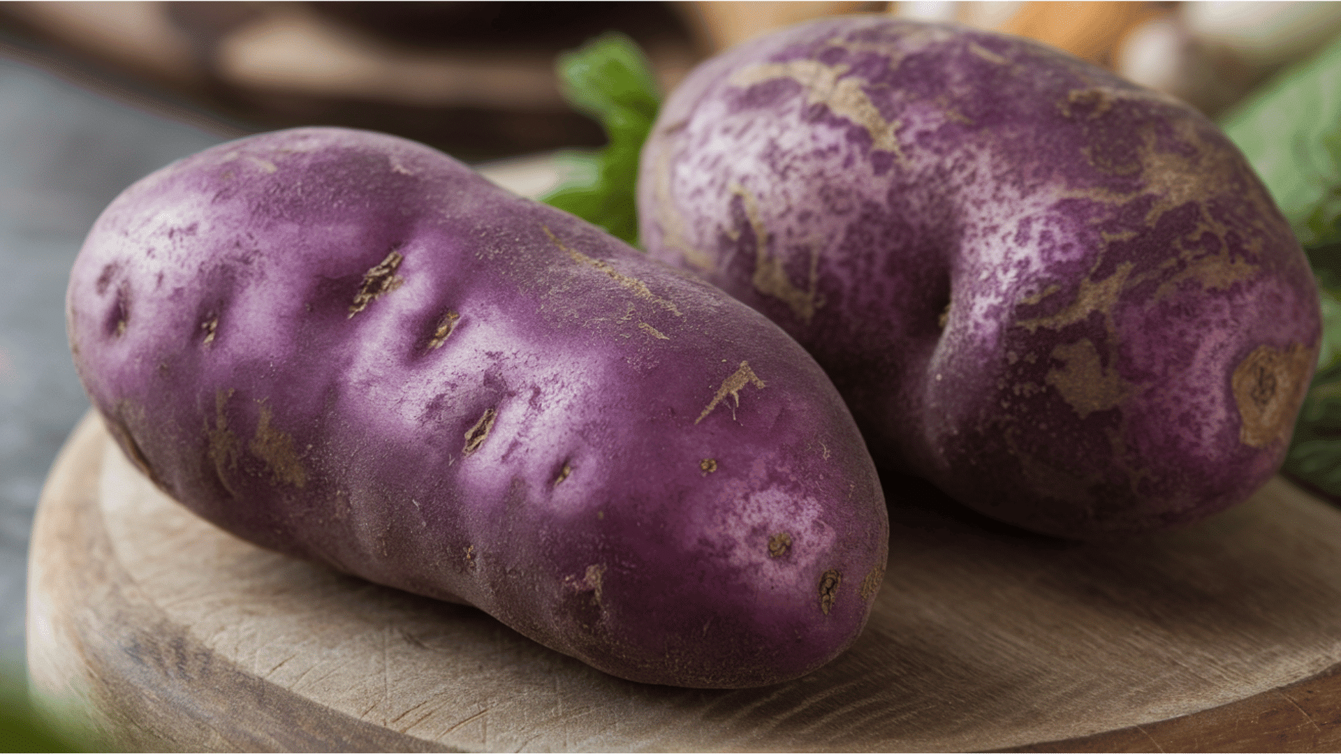 two rich, earthy-flavored purple potato with a striking skin and flesh that holds color with vegetable slicer board