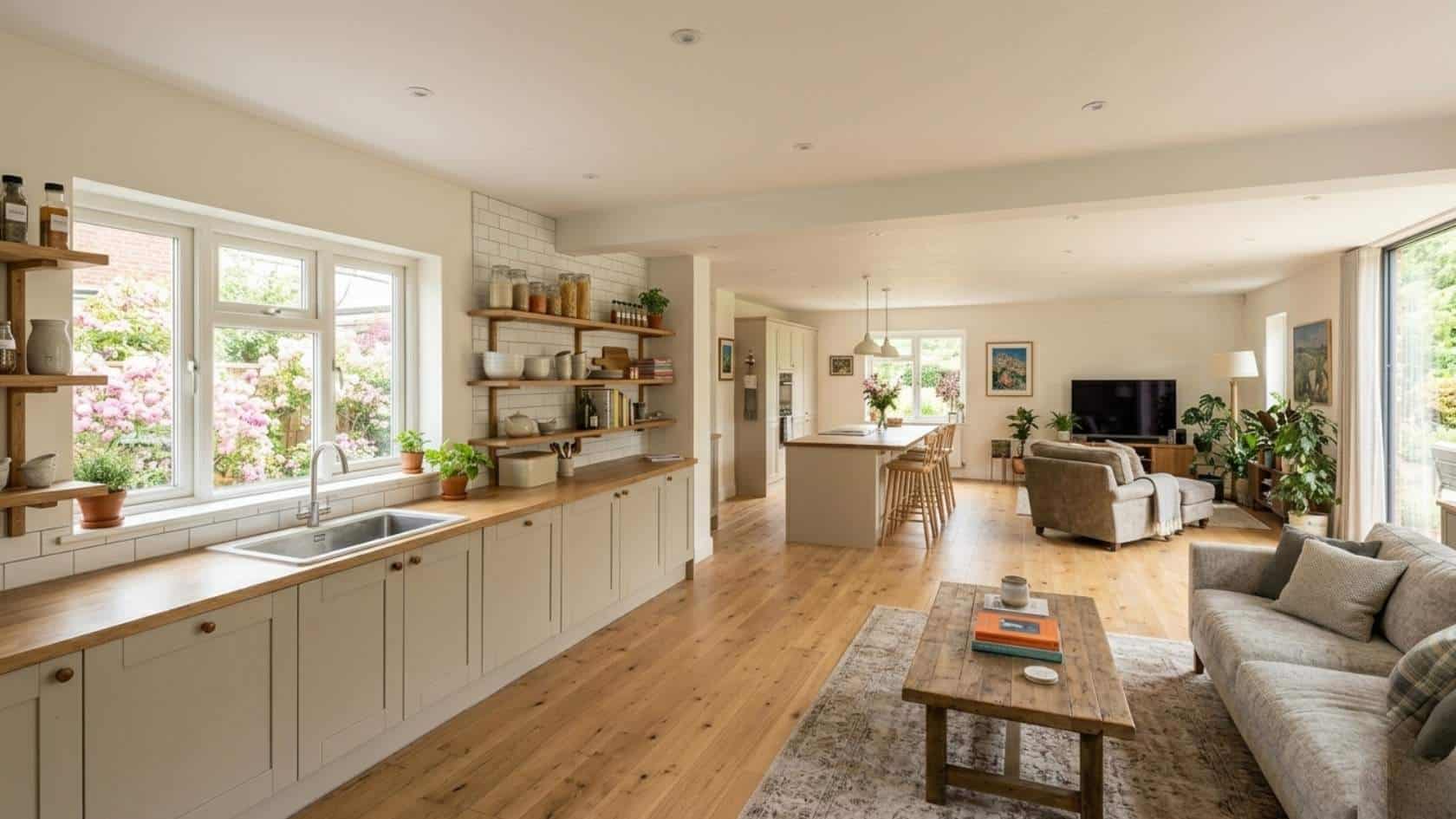 _use multi-level shelving for vertical storage with the concept of open living room and kitchen it in
