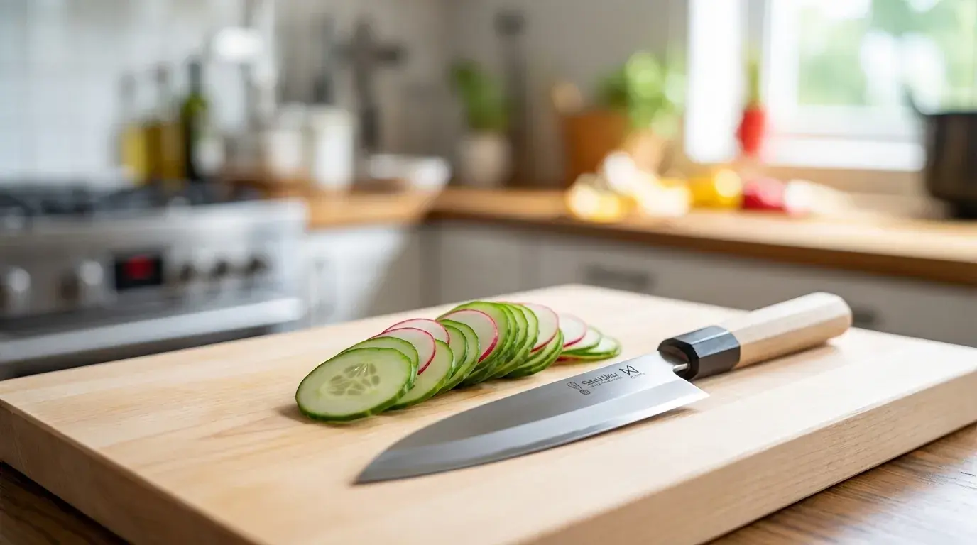 usuba knife with thin vegetable slices arranged neatly showing precision cutting style on clean professional kitchen surface (1)