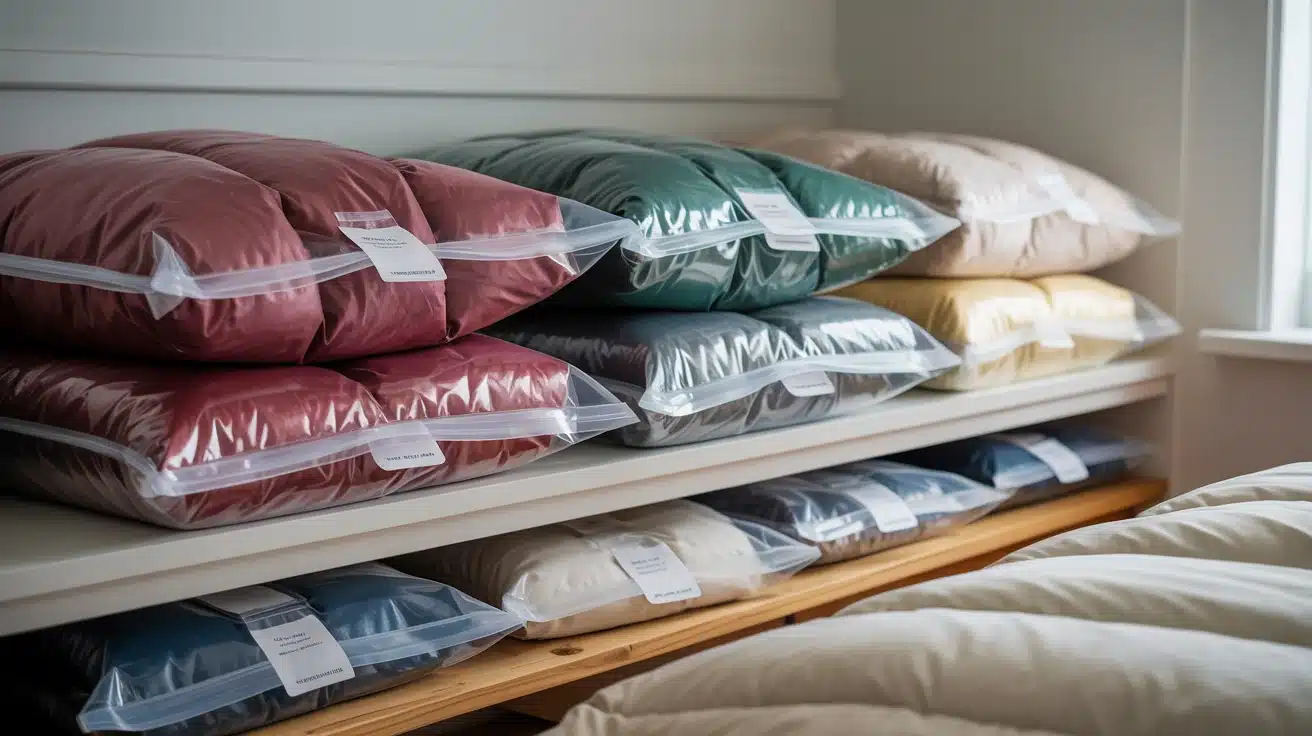 vacuum-sealed storage bags holding seasonal bedding in a laundry room, saving space and protecting linens.