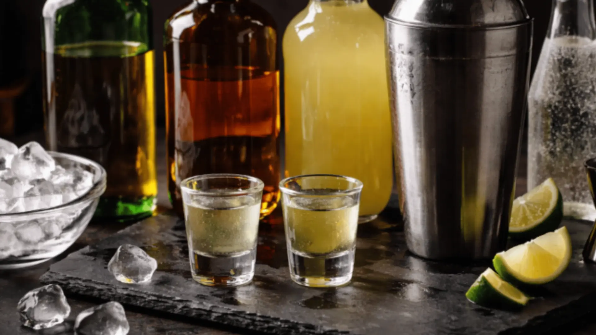 various bottled drinks and cocktail shots on a dark table with ice, lime wedges, and a metal shaker representing a beverage preparation scene