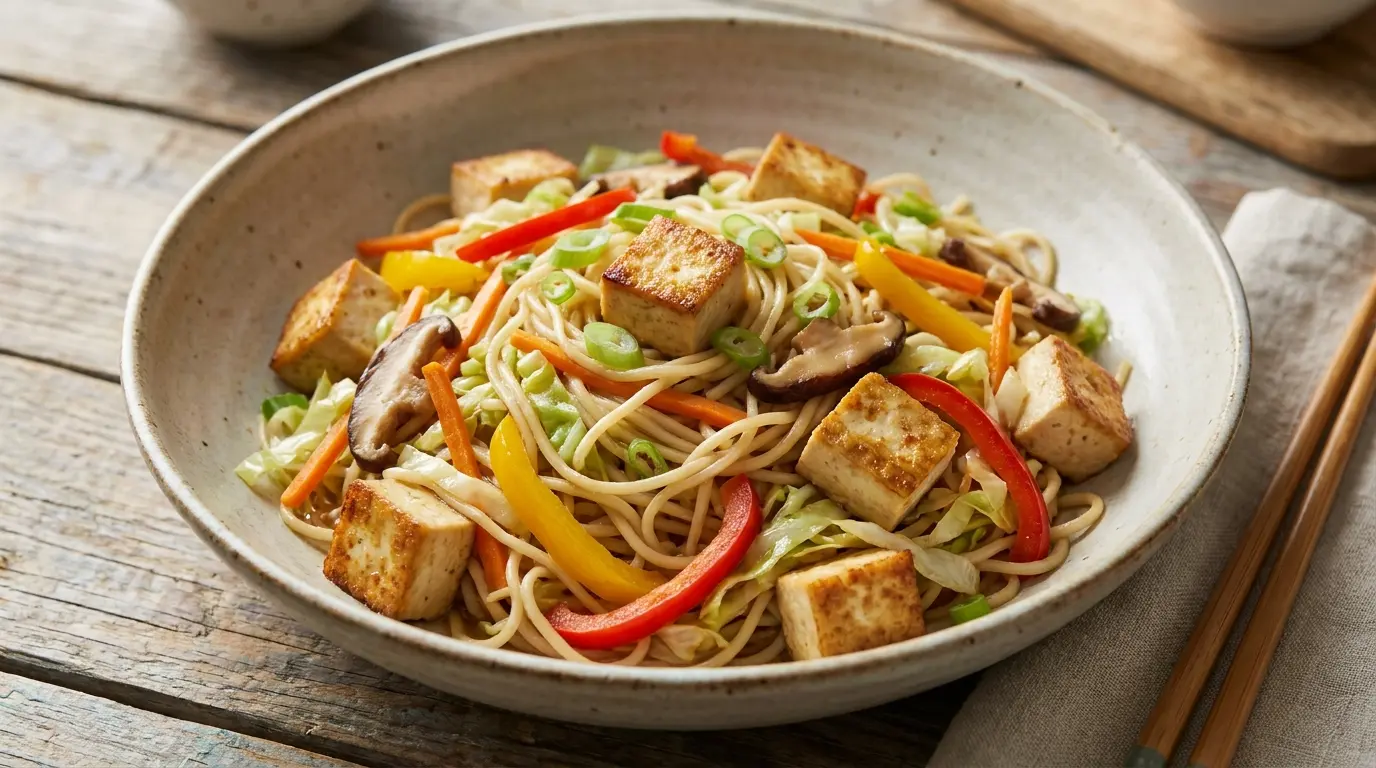 vegetable chow mein with tofu cabbage carrots peppers mushrooms and light noodles in a bowl