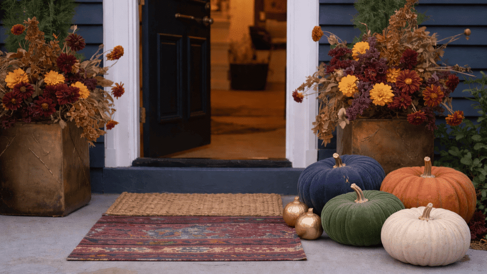 velvet pumpkins in sapphire emerald and plum on layered kilim rugs with gilded fruit and dried dahlias on a fall front porch