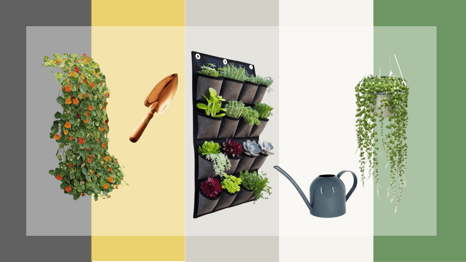 vertical garden moodboard with charcoal fabric planters fresh herbs nasturtiums and green trailing plants
